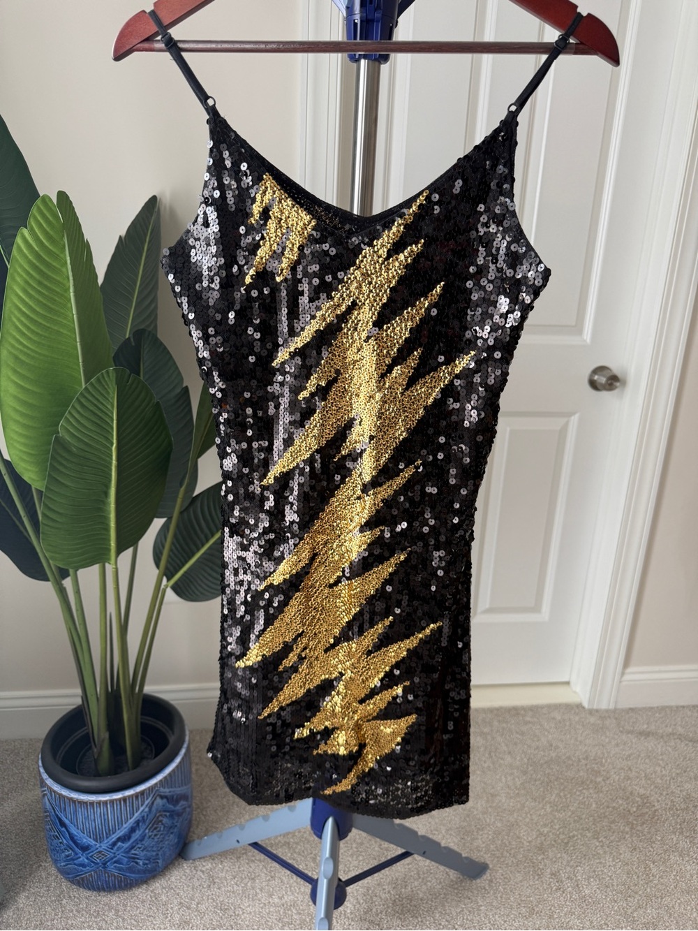 Black Sequin Mini Dress with Gold Lightning Detail